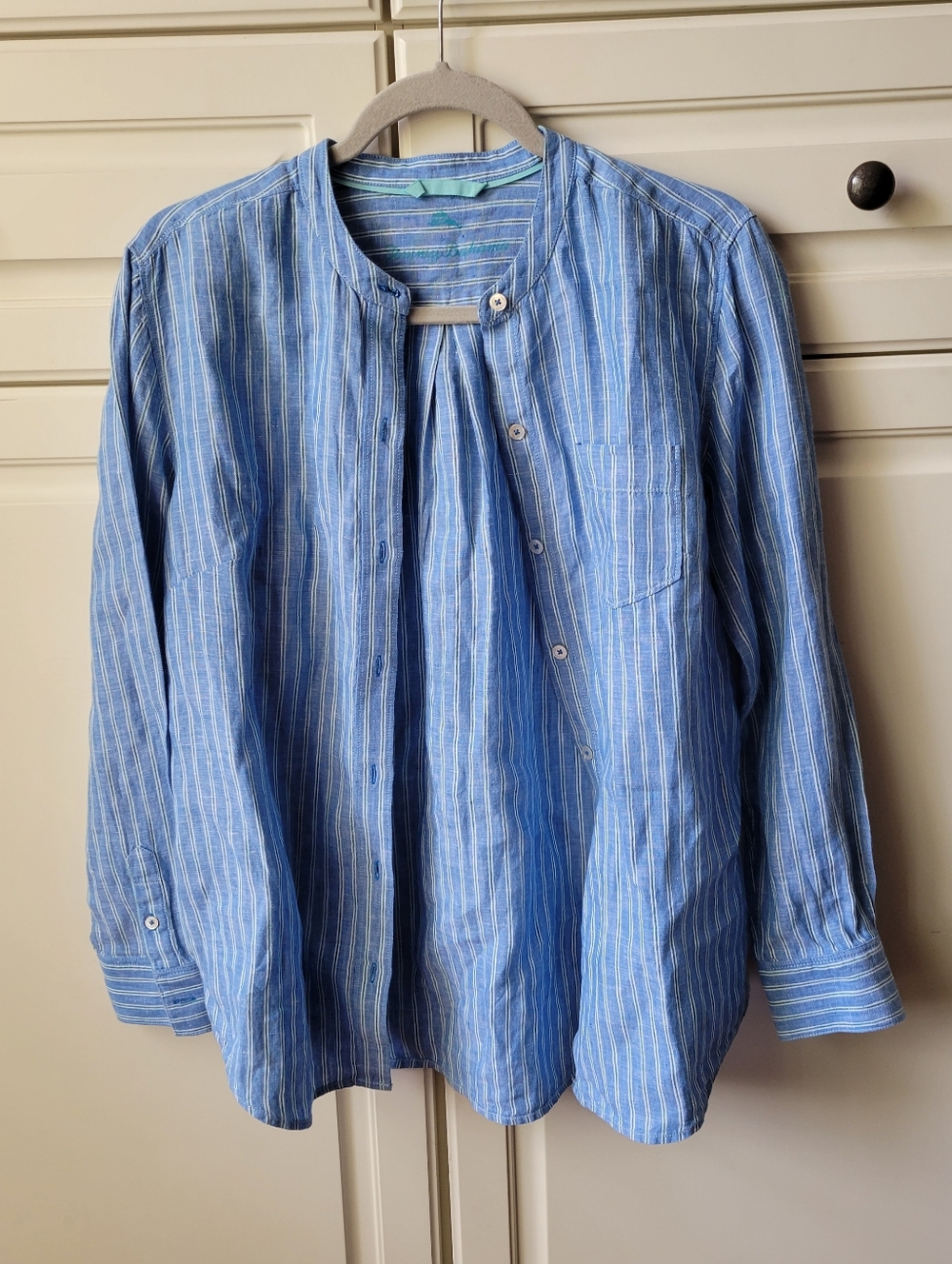 Tommy Bahama Women’s S Blue Striped Linen Shirt Button Up  Mandarin Collar Beach